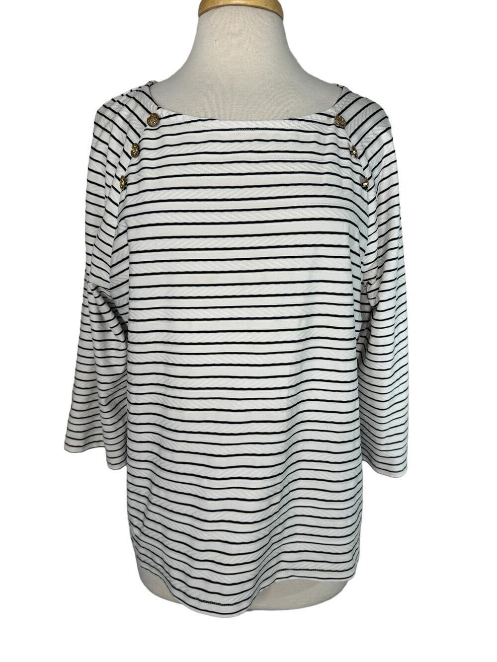 CHICOS Easywear Nautical Blue White Textured Stripe 3/4 Sleeve Top Size Large 2